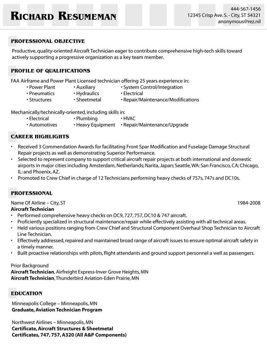 Airframes mechanic resume